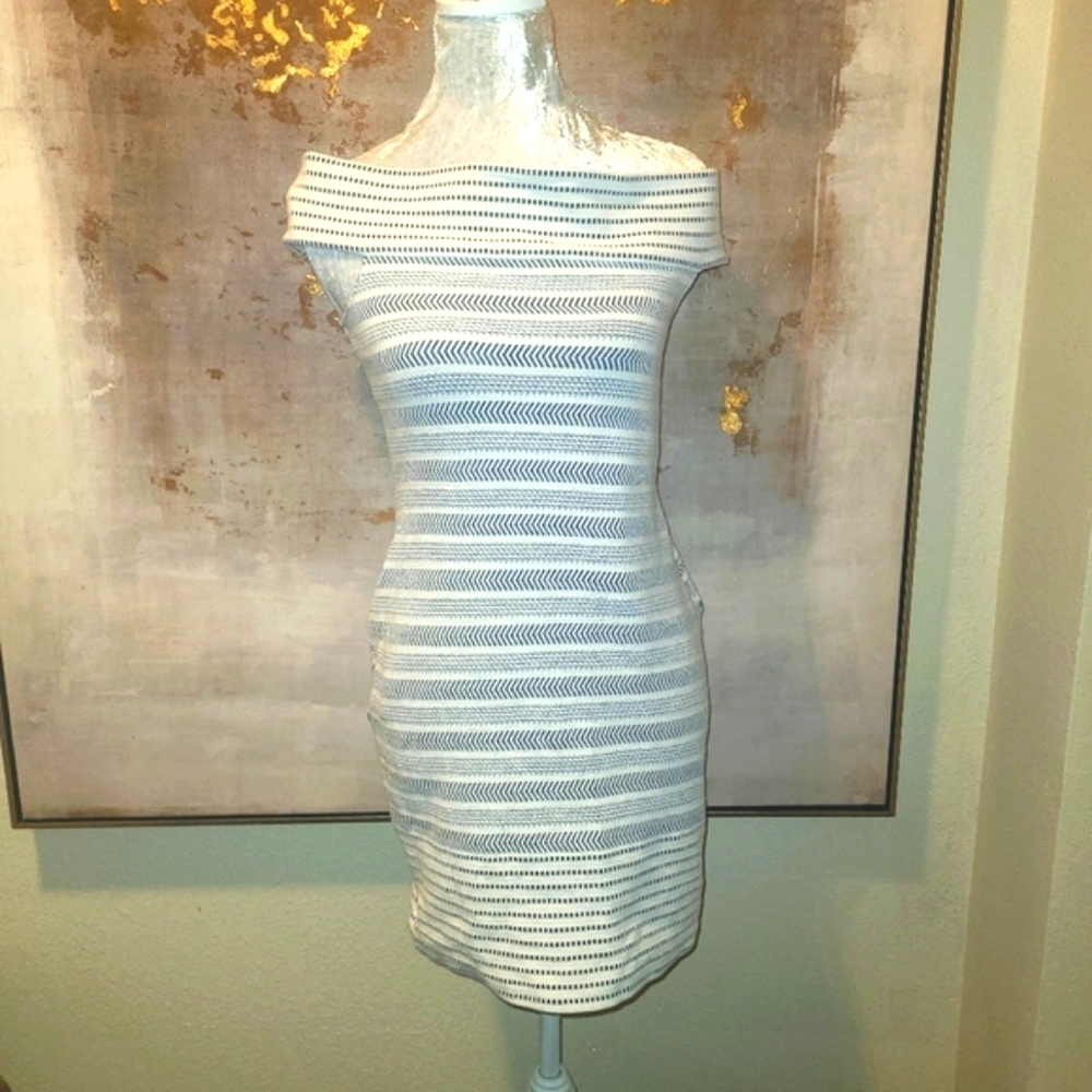 Shoshanna Blue and White Off-the-Shoulder Bodycon Mini Dress